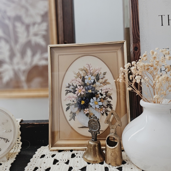 Vintage Shadow Box Rock Floral Wall Art with Blue, Pink, Navy, Green, Ivory - Picture 2 of 5